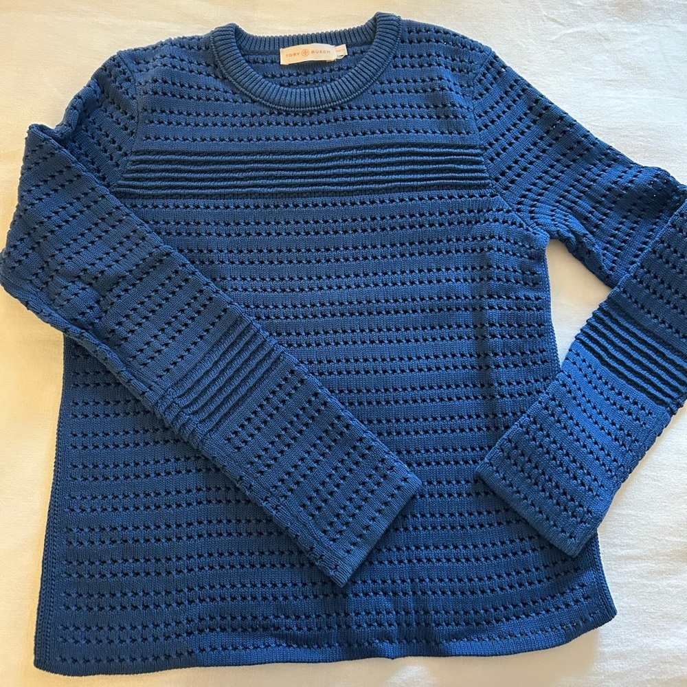 Tory Burch Navy Open-Knit Crewneck Sweater